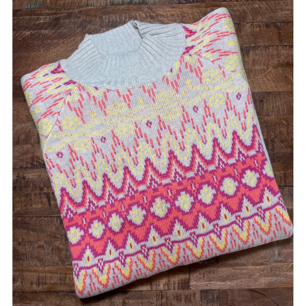 Candace Cameron Bure Fair Isle Knit Mock Neck Sweater 3X Pink Yellow Gray Cozy